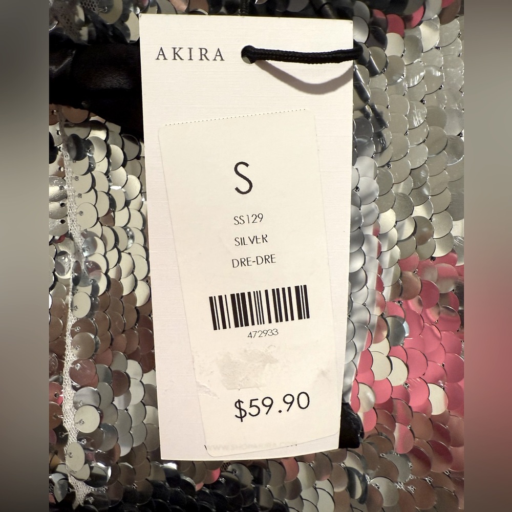 Akira NWT Size S Stunning Silver Sequin Short Sleeve Black Bow Mini Dress (0610) - Picture 12 of 15